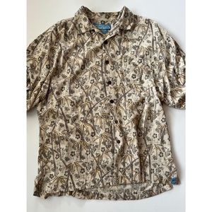 Bermuda Bay Men’s Button Down Tan Print Short Sleeve Silk Shirt Size Large